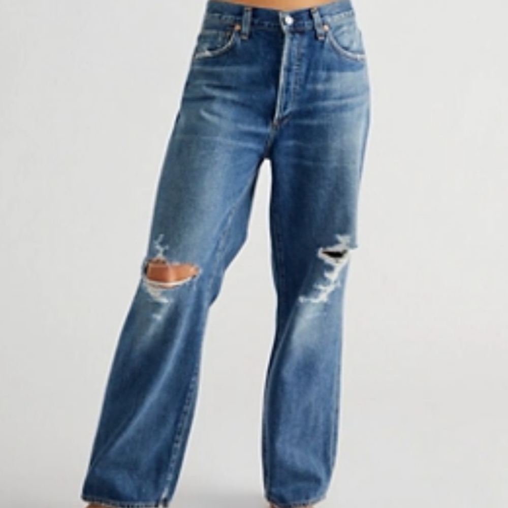 Citizens of humanity lydia wide leg distressed denim jeans size 25 blue wash